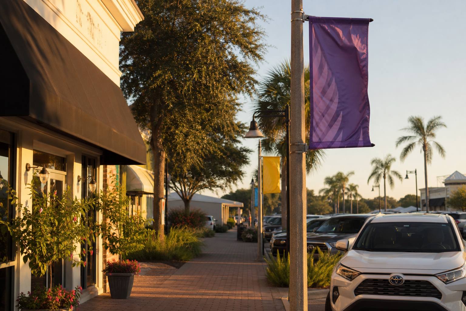 Florida storefront streetscape with outdoor banners at golden hour