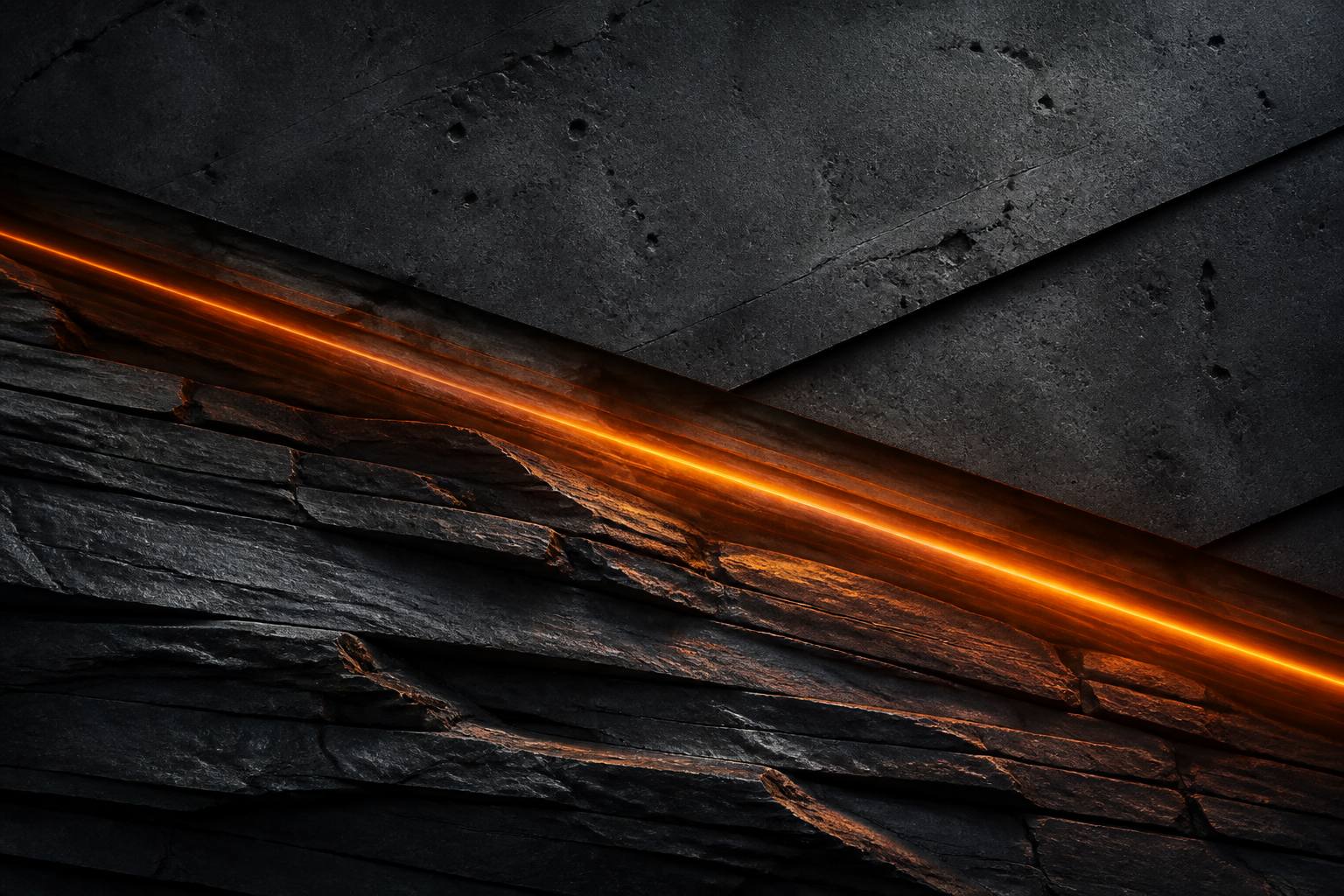 Layered bedrock and concrete textures with a bold signal stripe