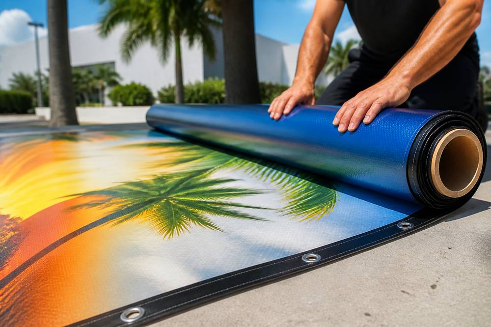 Colorful vinyl banner material being prepared for outdoor use