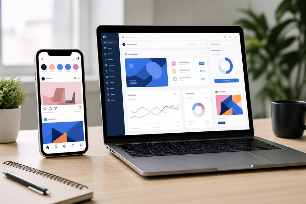 Laptop and phone showing digital marketing dashboards