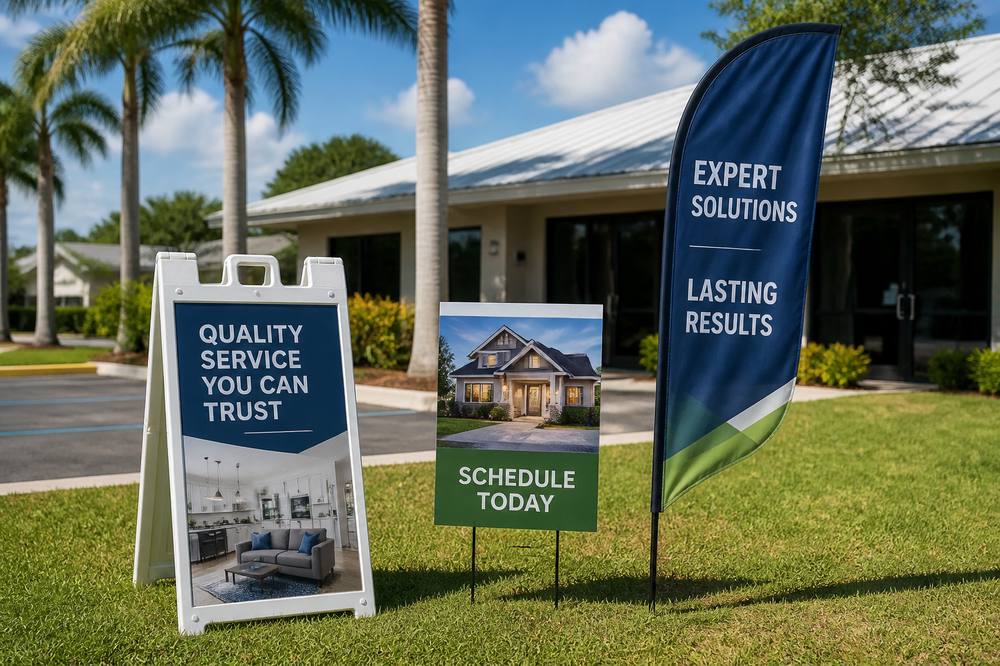 Outdoor yard and storefront signs in natural light