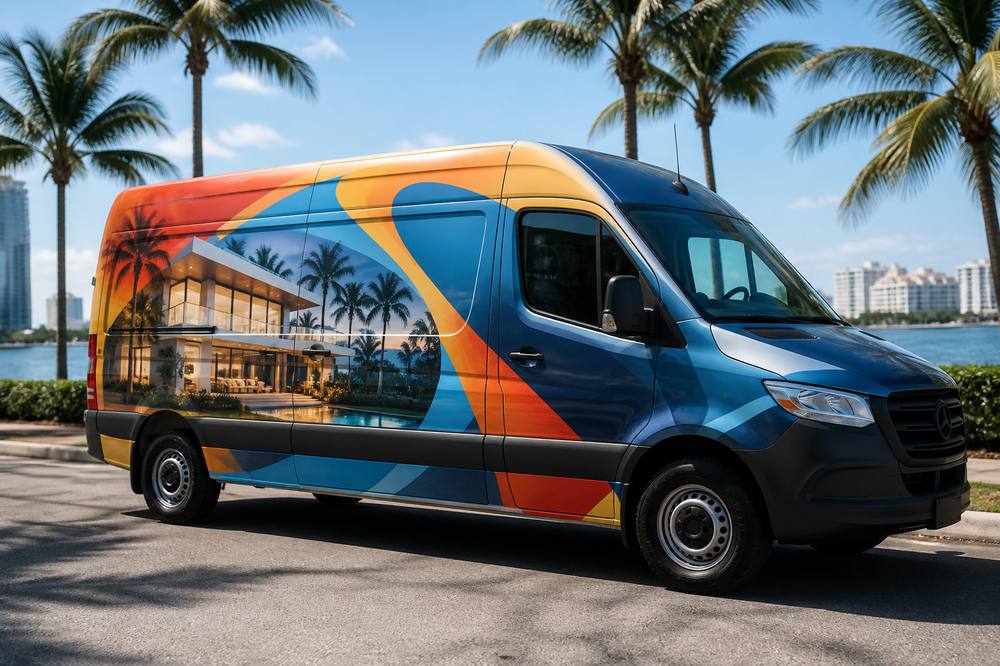 Commercial van with full-color vehicle wrap graphics